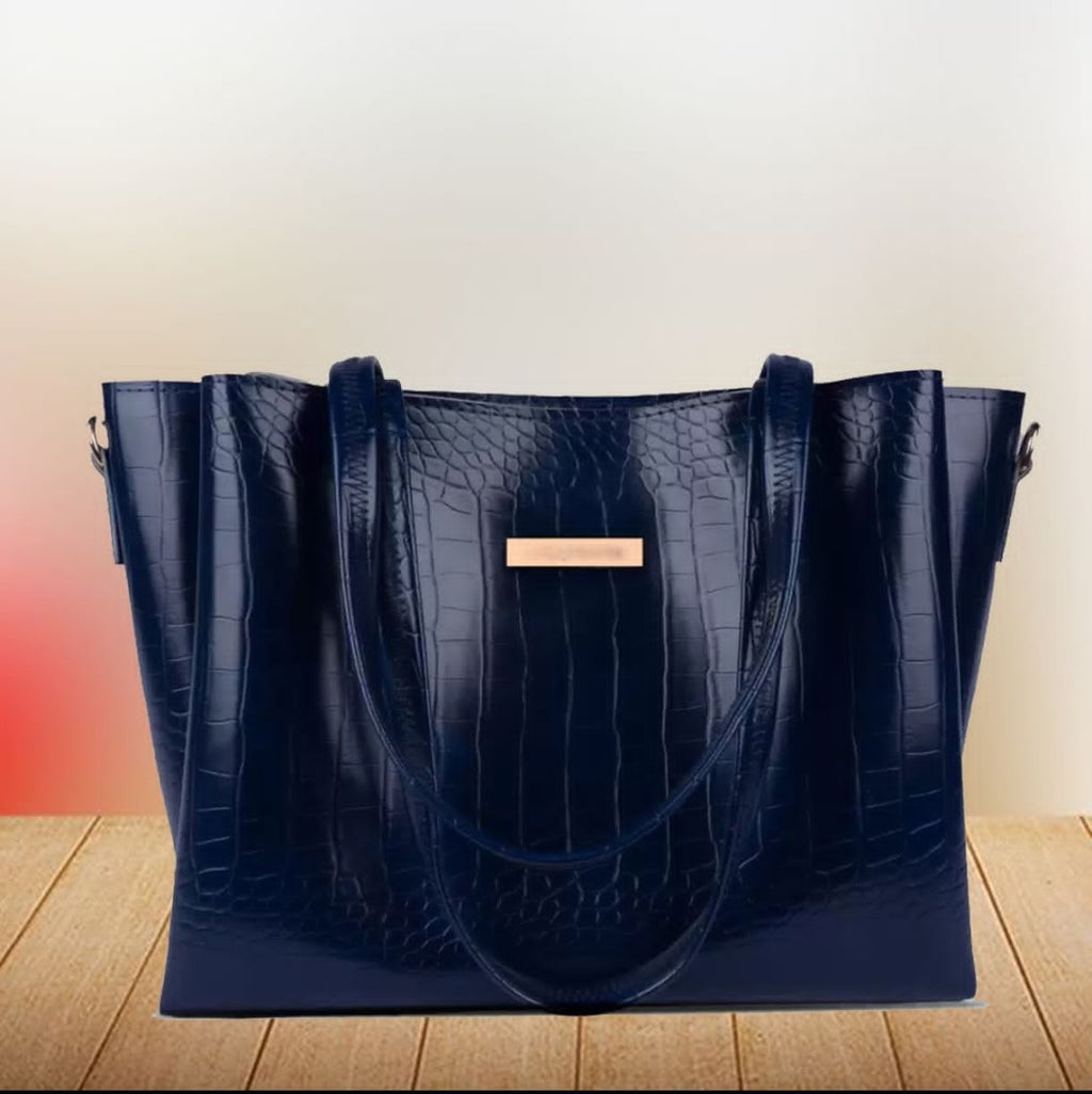 STROVIA Navy Blue Croc-Texture Premium Tote Bag