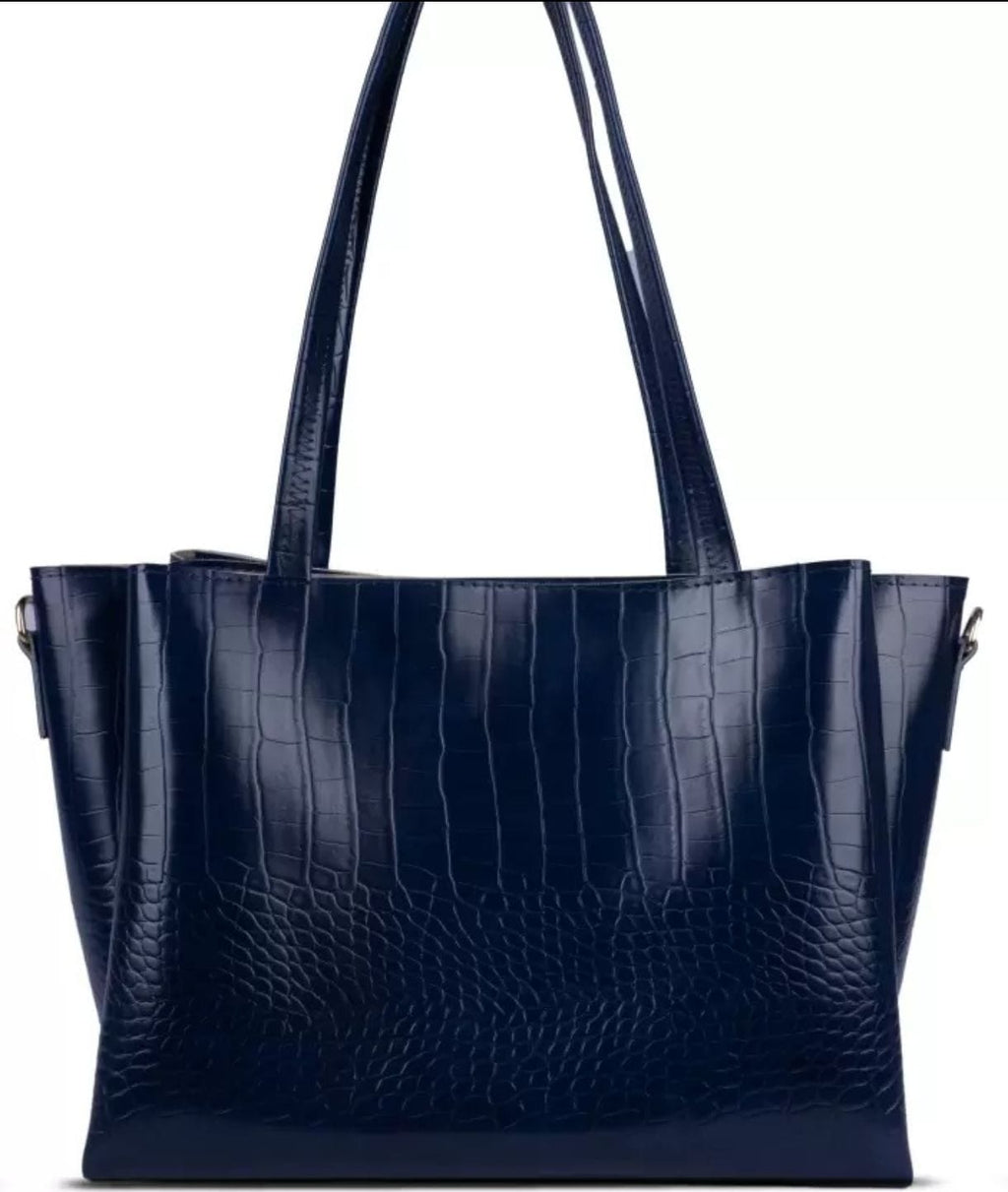 STROVIA Navy Blue Croc-Texture Premium Tote Bag