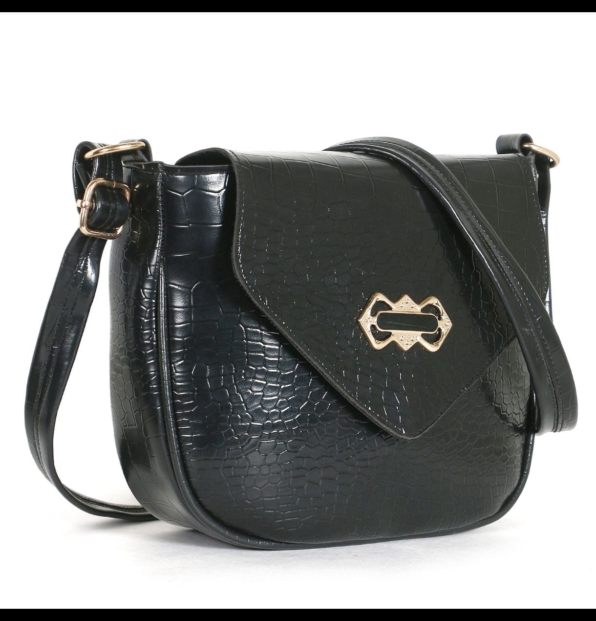 STROVIA Black Croc-Texture Crossbody Sling Bag (Multi-Compartment)