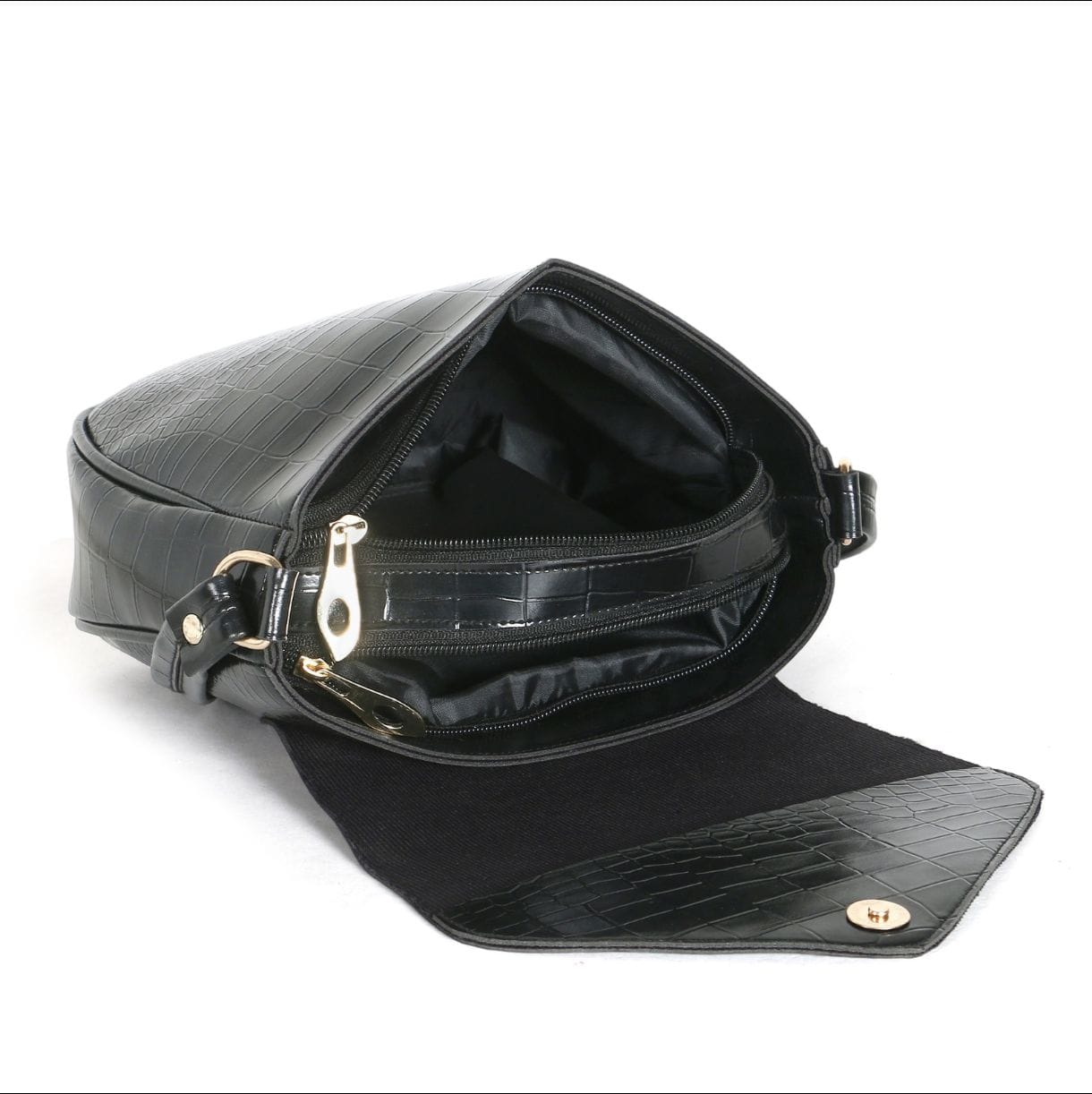 STROVIA Black Croc-Texture Crossbody Sling Bag (Multi-Compartment)