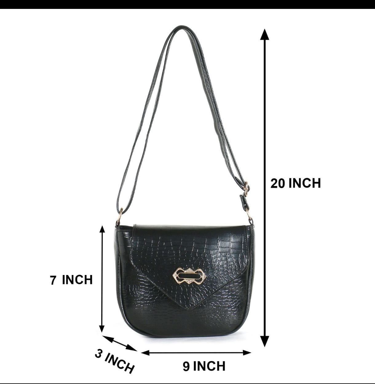 STROVIA Black Croc-Texture Crossbody Sling Bag (Multi-Compartment)