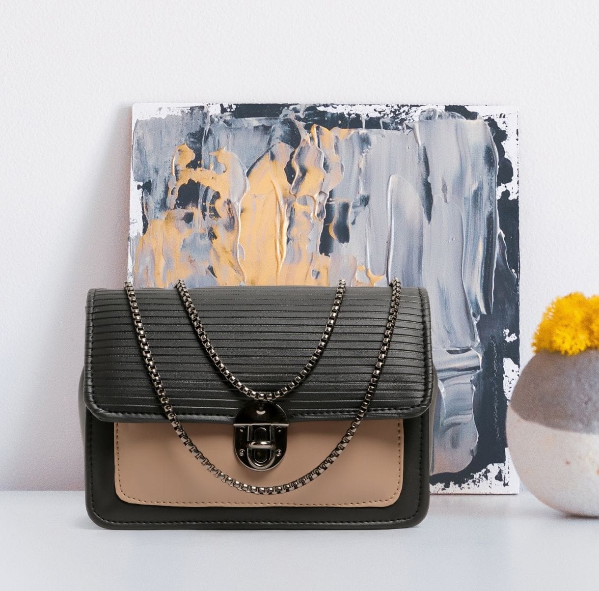 VogueLuxe Dual-Tone Structured Crossbody Bag – Black & Nude