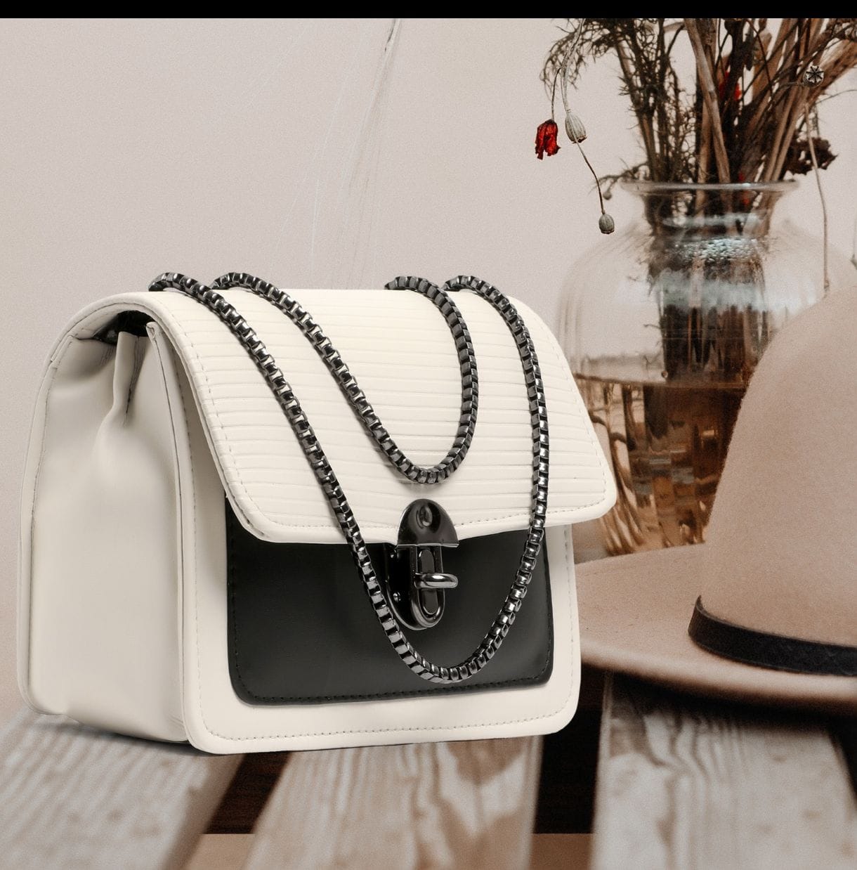 BellaMode Classic Flap Chain Bag – Ivory & Noir