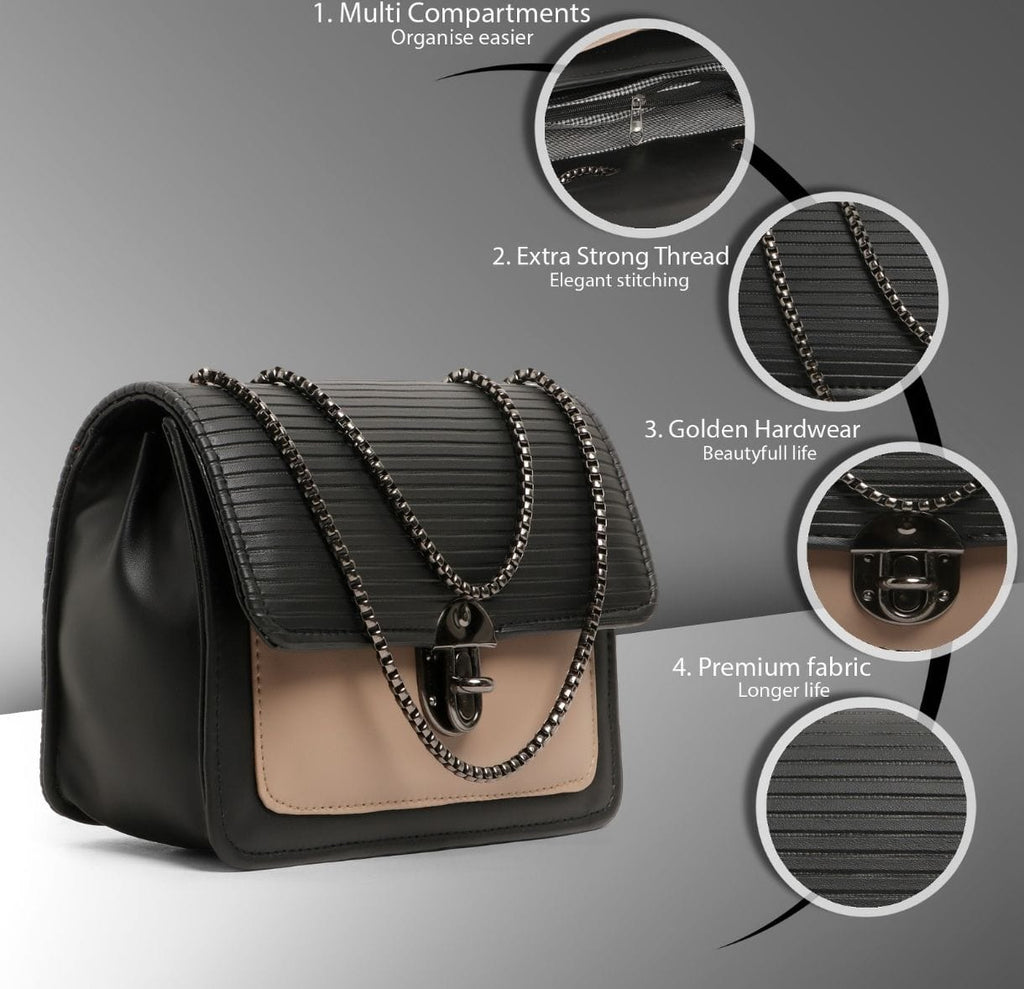 VogueLuxe Dual-Tone Structured Crossbody Bag – Black & Nude