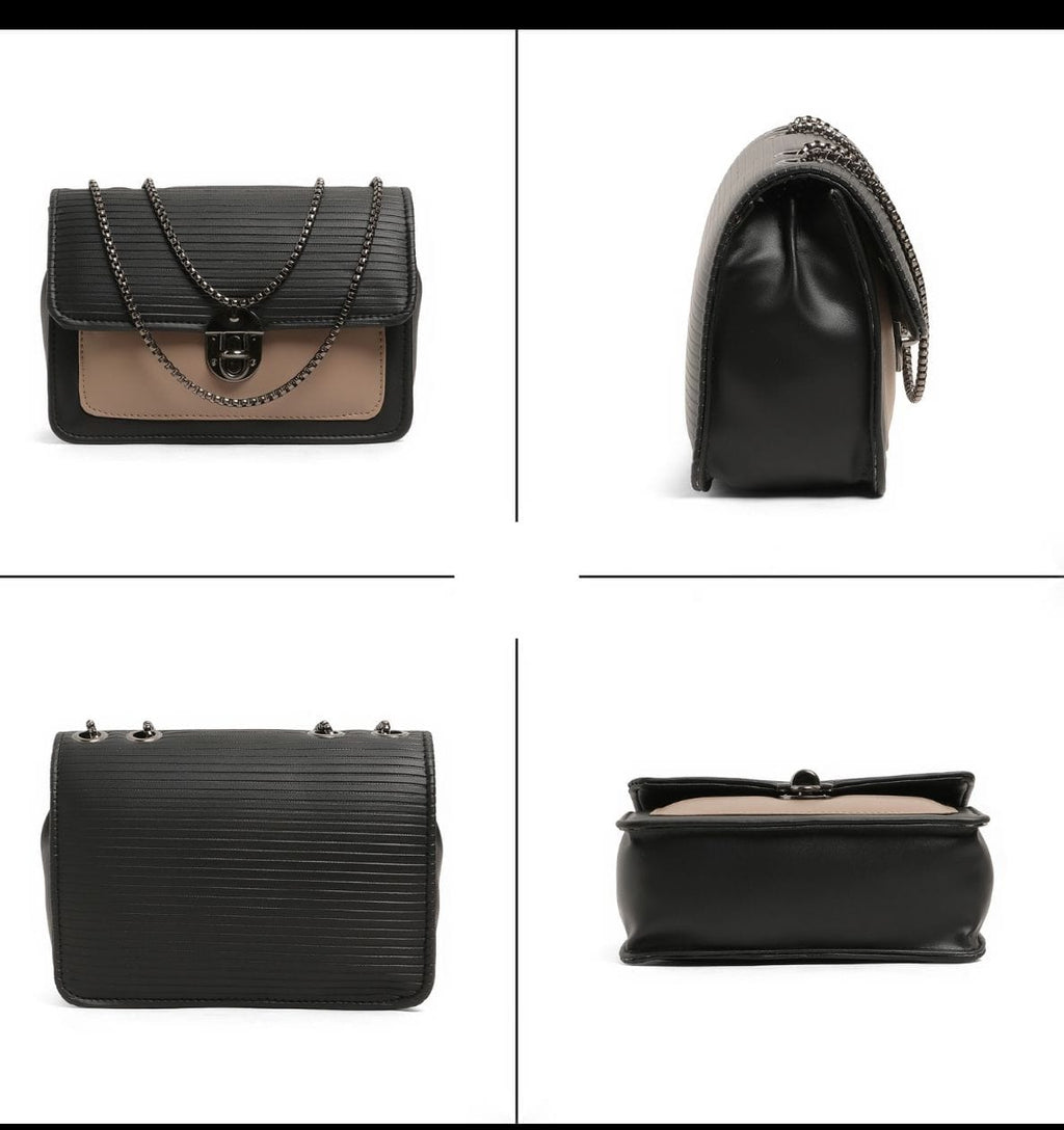 VogueLuxe Dual-Tone Structured Crossbody Bag – Black & Nude