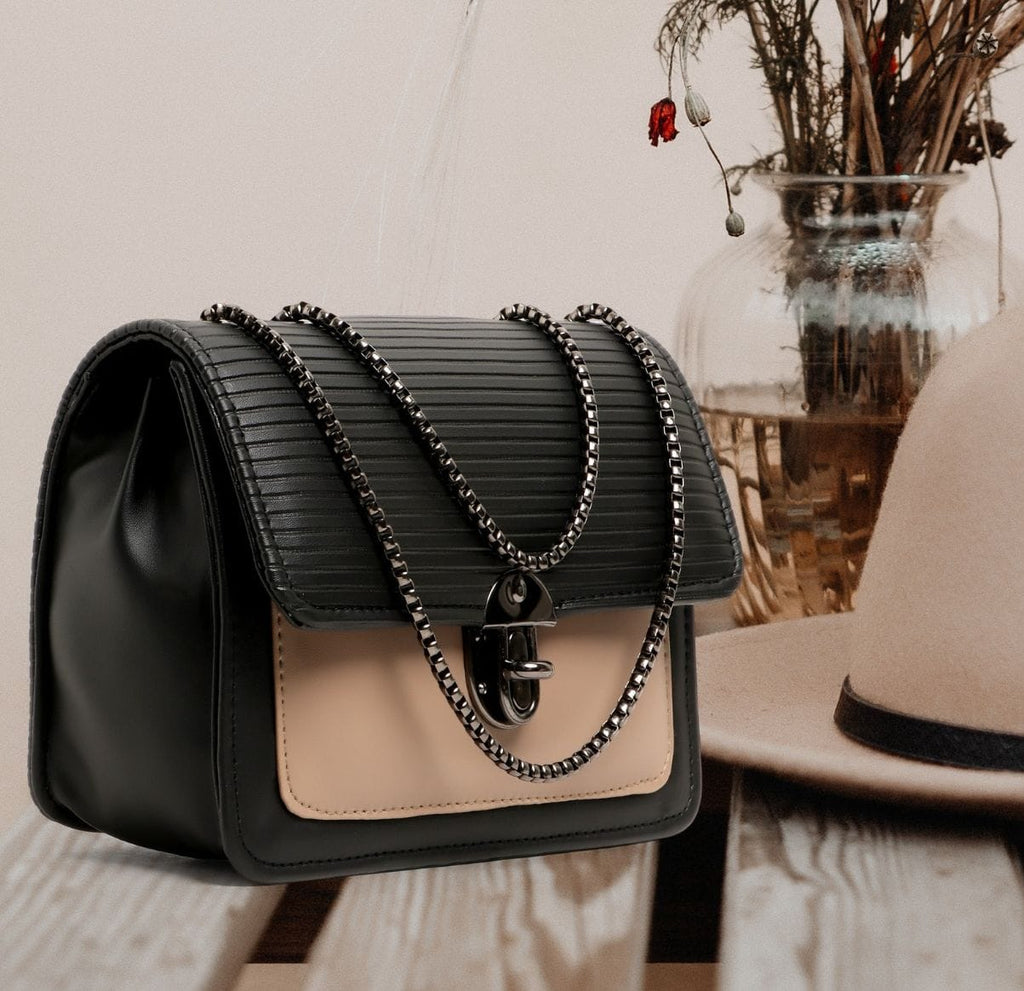 VogueLuxe Dual-Tone Structured Crossbody Bag – Black & Nude