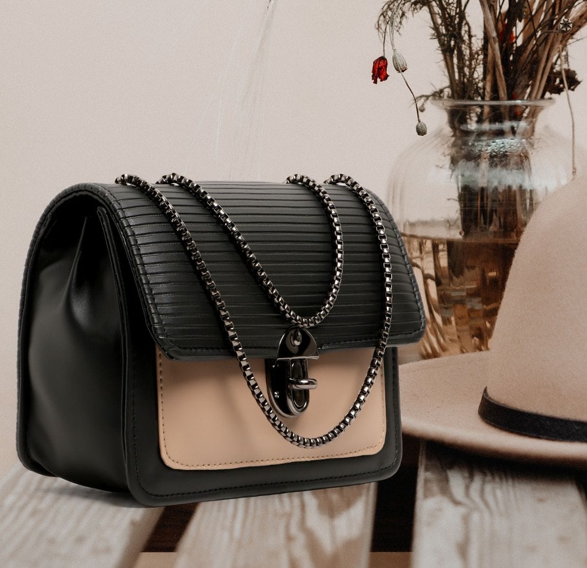 VogueLuxe Dual-Tone Structured Crossbody Bag – Black & Nude